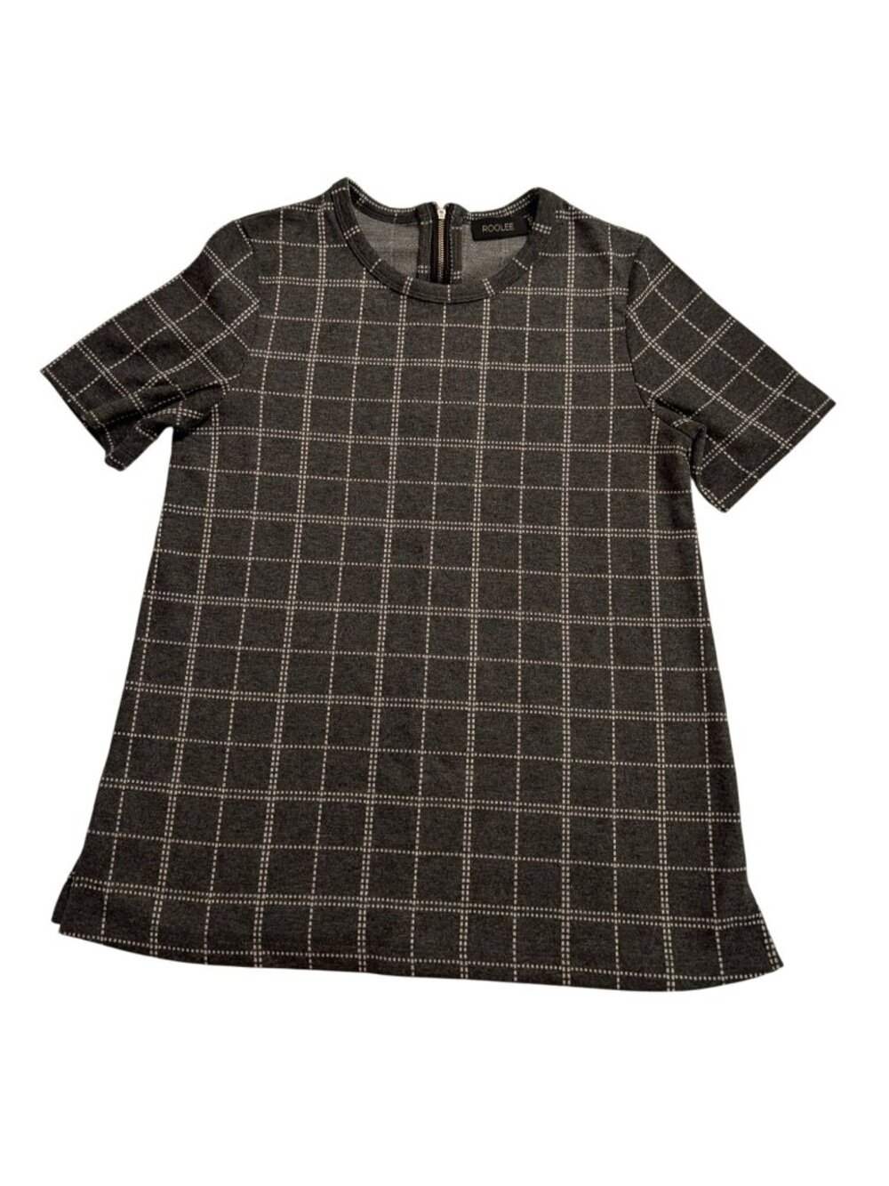 Roolee Checkered Short Sleeve Tunic Dress XXS Gray & White With Back Zipper